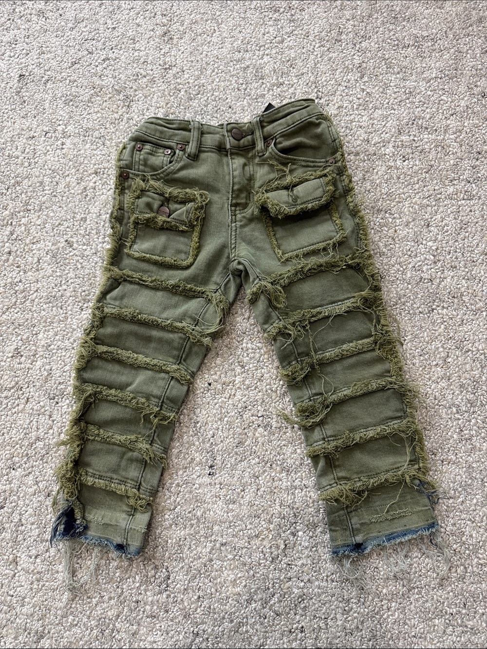 Kids Olive Green Distressed Cargo-Style Jeans